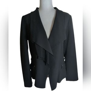 Adam Jacobs Chiffon Trim Blazer Women's M Black Ruffled Zipper Interest Lined
